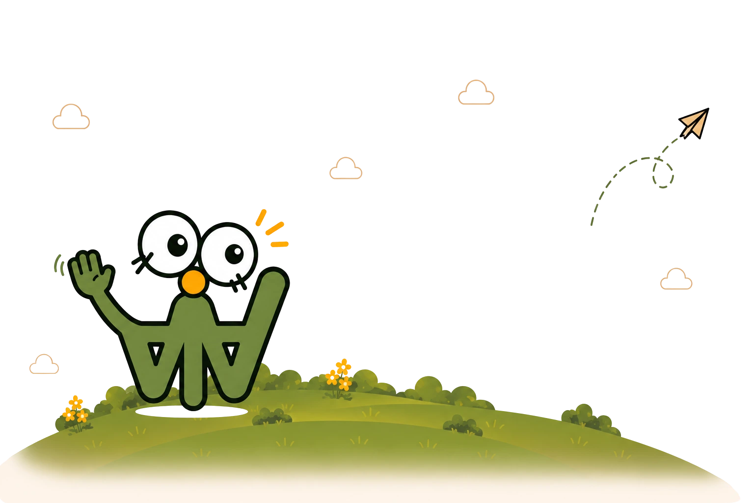 WATionary's friendly green mascot exploring useful websites, apps, and tools
